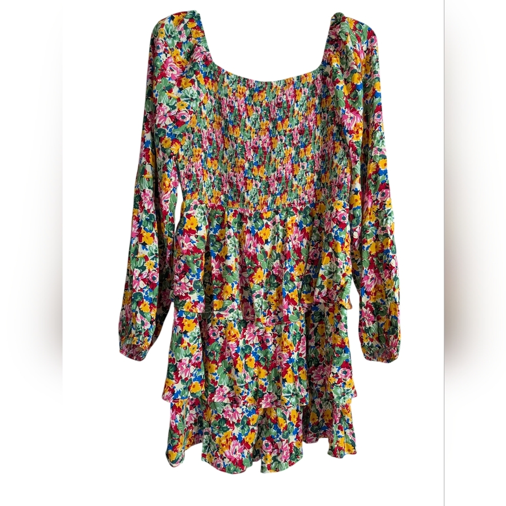 Hailey & Co Floral Smocked Romper | Square Neck Cottagecore Tiered Ruffle Size M - Picture 8 of 9
